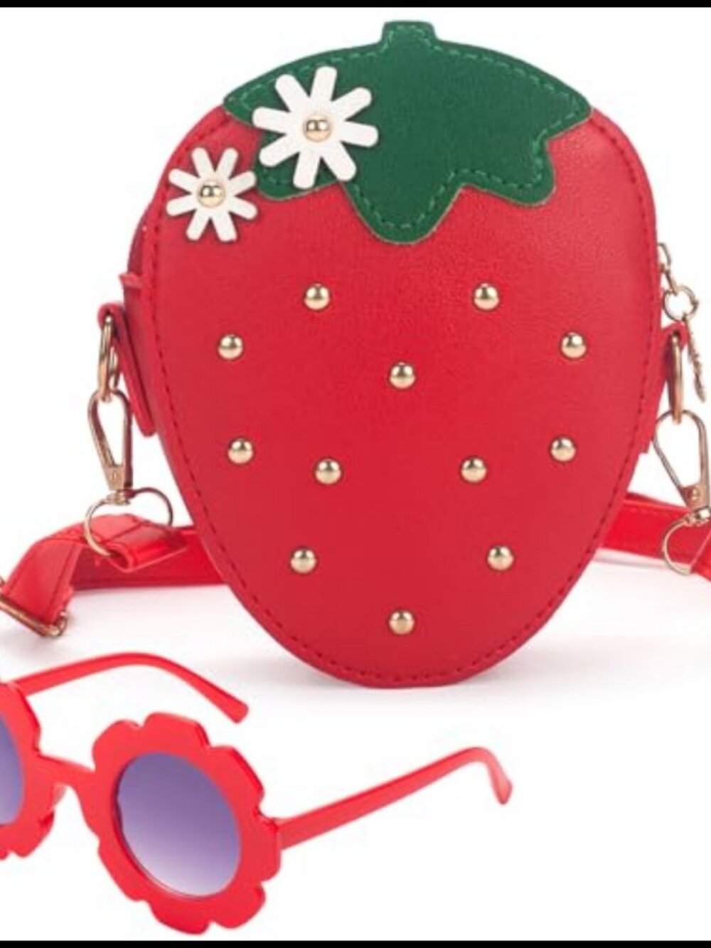 Strawberry Purse Crossbody Bag PU Leather Rivets Adjustable Strap Girls Gift